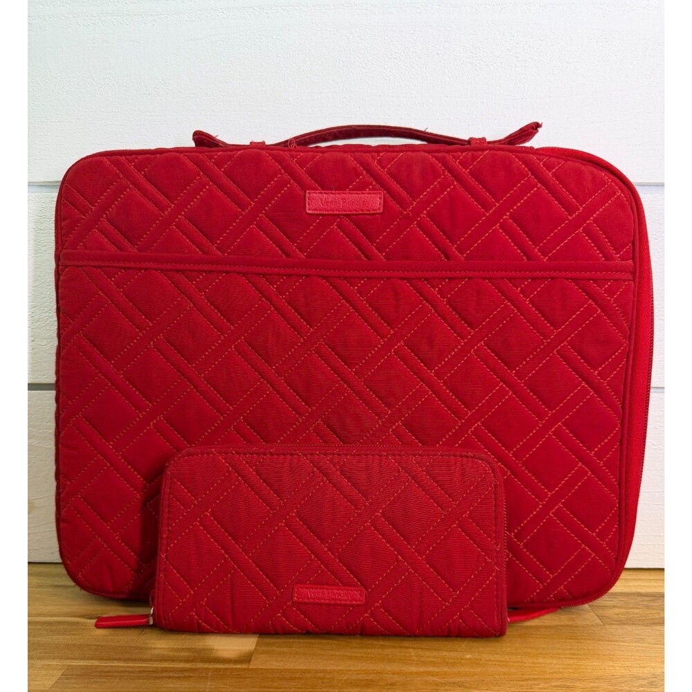 Vera Bradley Red Quilted Laptop Organizer Case & Zip Wallet Set Travel Tech